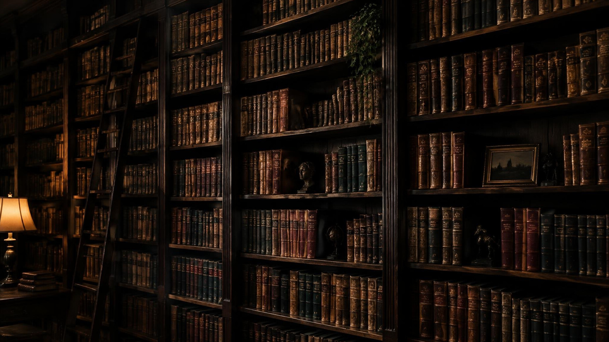 Dark wooden library shelves filled with old books