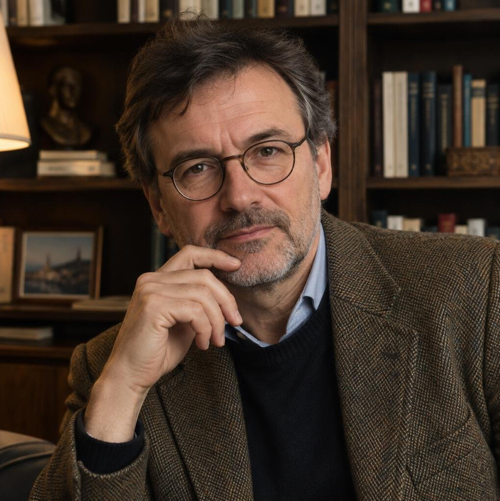 Studio portrait of a thoughtful middle aged Croatian man wearing glasses and a tweed jacket